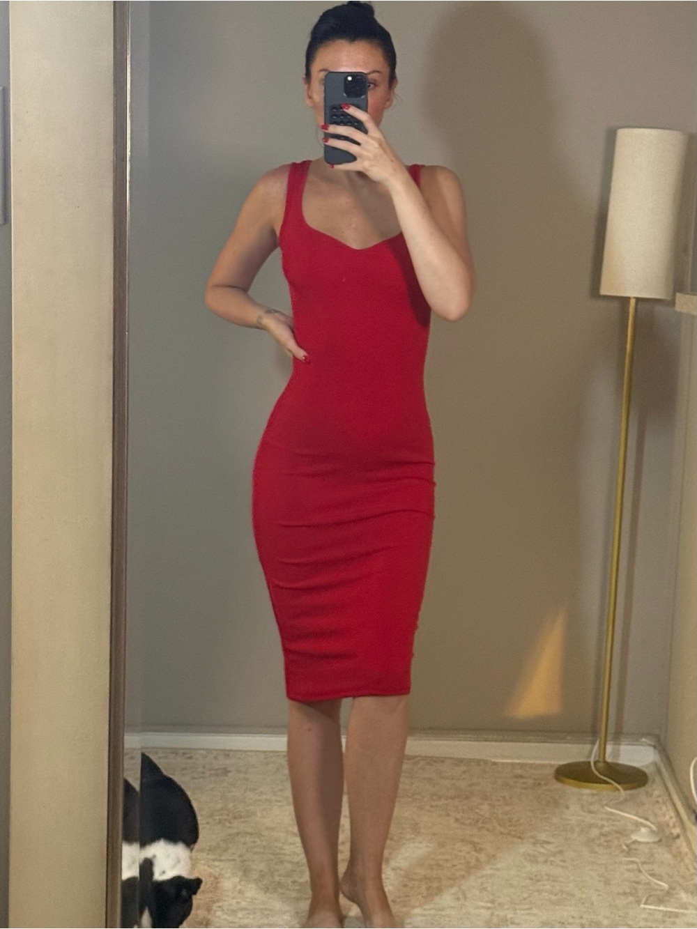 Red Ribbed Bodycon Midi Dress - Women's